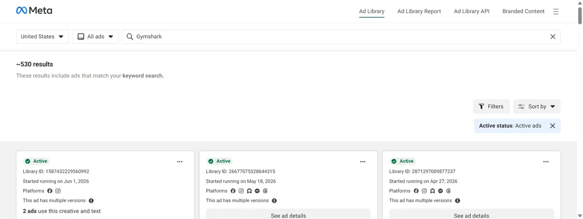 Gymshark active ads in the Meta Ad Library, about 530 running in the United States