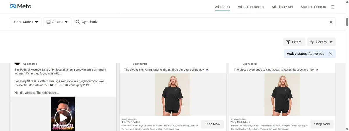 A brand ad next to a creator-style sponsored ad in the Meta Ad Library