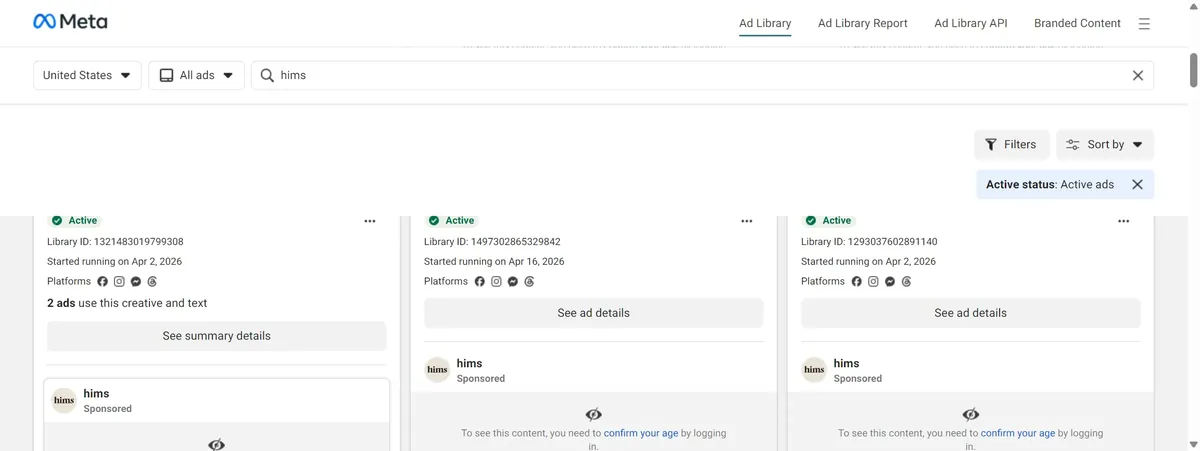 Hims active ads in the Meta Ad Library with age-gated creative