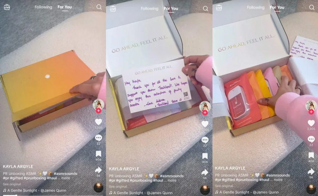 What each creator receives: a rigid magnetic gift box, a handwritten founder note, the best-sellers, and the printed creative brief.