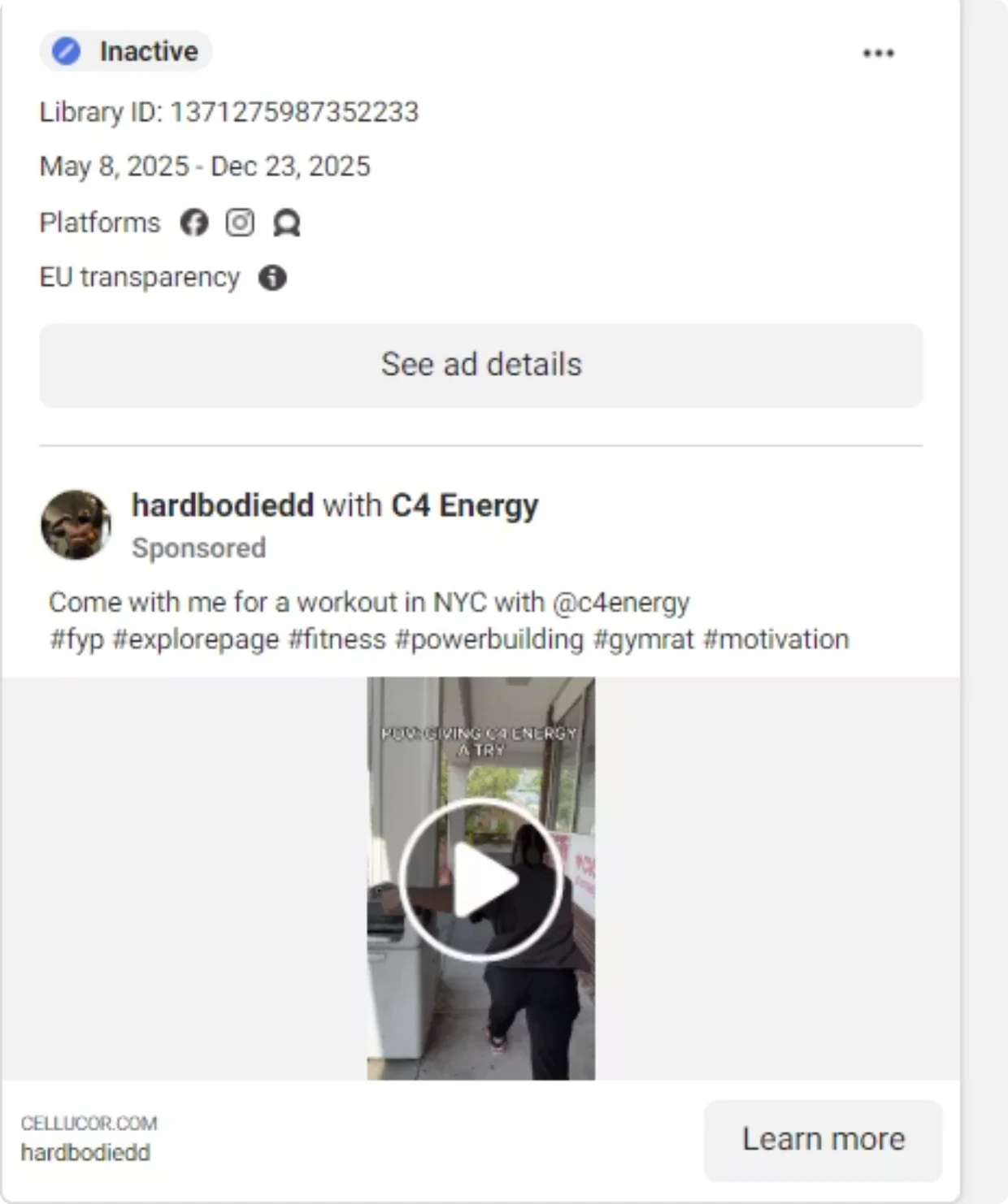 Meta Ad Library card: hardbodiedd running a whitelisted C4 Energy ad