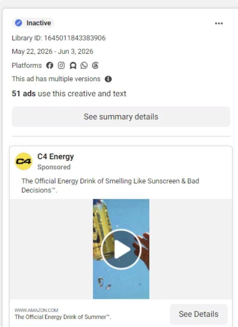 Meta Ad Library card: C4 Energy creative running across 51 ads